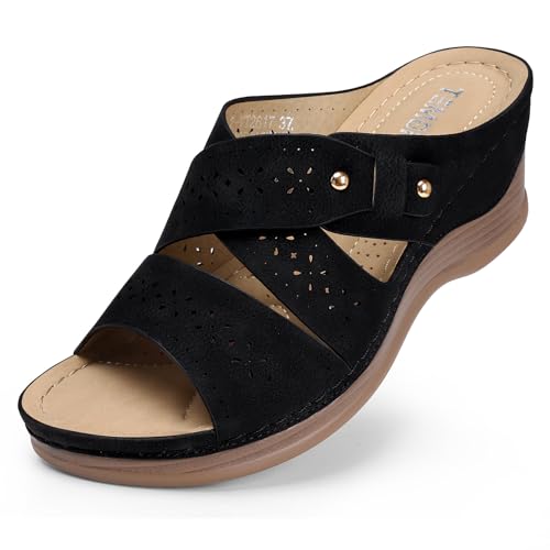 TEMOFON Wedge Sandals Women Summer: Comfortable Platform Slip on Sandals 7.5 17 Black
