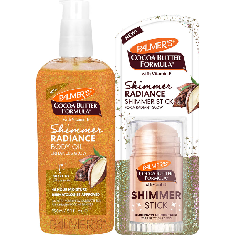 Palmer's Cocoa Butter Formula Shimmer Glow Bundle with Vitamin E, Shimmering Body Oil (5.1 Fl Oz) + Highlighter Stick (1.0 Oz), Softens, Hydrates & Illuminates Instantly, Provides 48-Hour Moisture