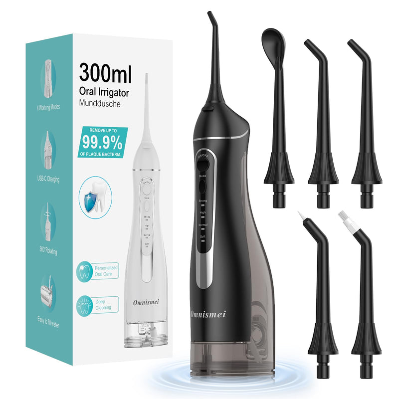 Water Dental Flossers for Teeth, 300ML Cordless Portable Electric Water Flosser, 4 Modes Oral Irrigator, Waterproof Rechargeable Water Floss for Deep Cleaning, Plaque Remover,Braces Home Travel Use Black