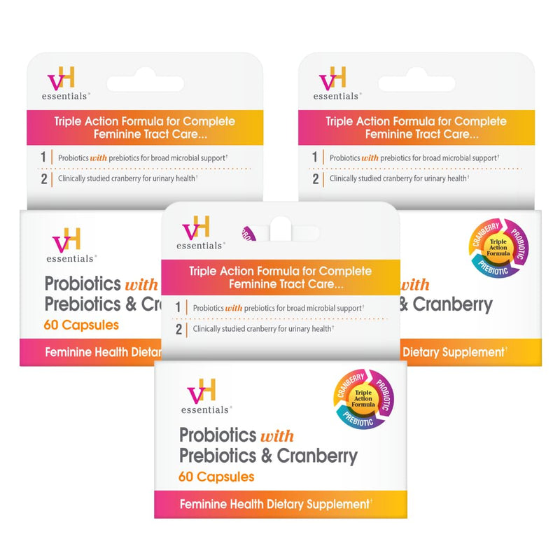 vH essentials Probiotics with Prebiotics,60 Capsules (3 Pack) | Cranberry & Vitamin C, Vaginal Probiotics Support Gut Balance, Vaginal Health & Urinary Tract Health for Women