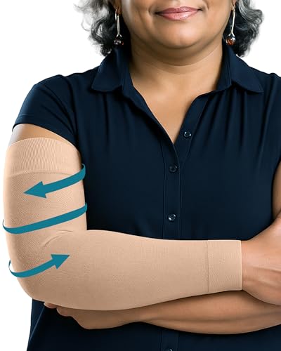 KEMFORD Lymphedema Compression Arm Sleeves for Women - 15-20 mmHg, Silicone Grip, 1 Pair - Arm Support for Swelling & Edema Beige S/M