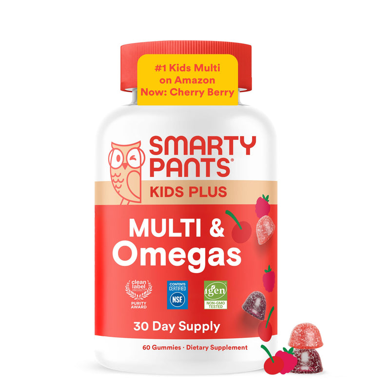SmartyPants Kids Multivitamin Gummies with Omega 3 DHA/EPA, Vitamins D3, C, B12, B6, A, K, and Zinc, Gluten Free, Clean Label, Cherry Berry Flavor, 60 Gummies (30 Day Supply) 1 Count (Pack of 1) Cherry Berry - 30 Day Supply