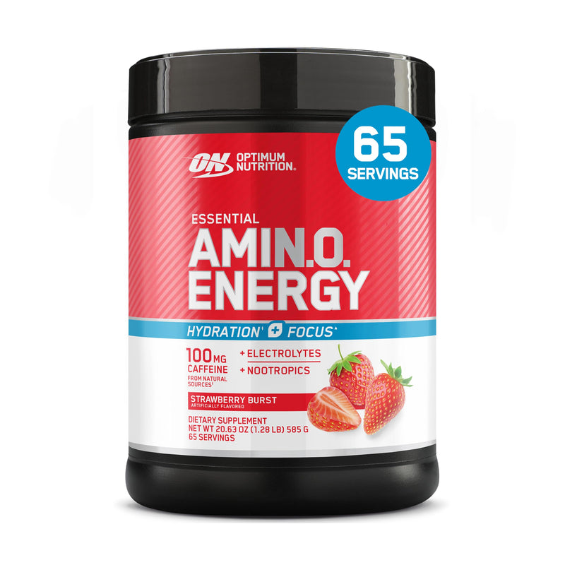 Optimum Nutrition Amino Energy Powder Plus Focus, with BCAA, Electrolytes, and Caffeine, Strawberry Burst, 65 Servings (Packaging May Vary) | Contains BCAAs, Electrolytes, 100 mg Caffeine, 5g Amino Acids, Zero Sugar, Supports Hydration, Banned Substanc...