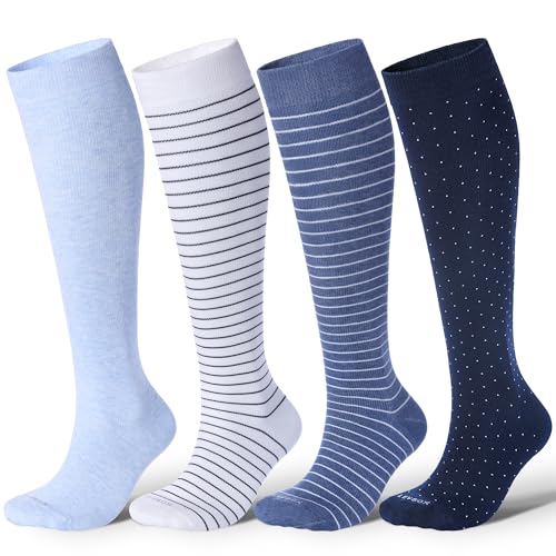 LEVSOX Cotton Compression Socks for Women Men 20-30 mmHg Knee High Cute Support Sock for Nurses Flying Pregnancy Medium-Large 4 Pairs-striped 1