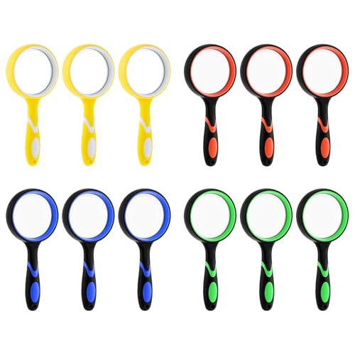 12 Pack Magnifying Glass, 50 mm 10 X Glasses Lens Reading Magnifier for Kids and Seniors, Non-Slip Handheld Magnifying Glass for Close Work, Nature Exploration