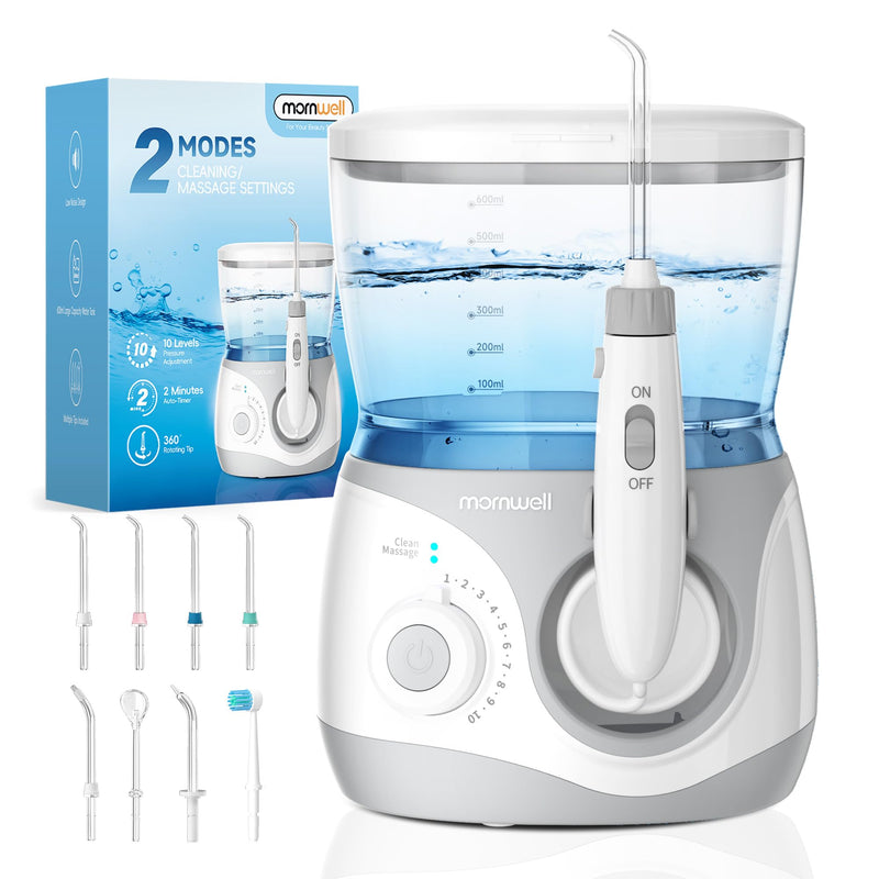 Mornwell Water Dental Flosser for Teeth, 2 Modes and 10 Adjustable Pressure Oral Irrigator for Braces, 8 Multi-Functional Tips for Family, Multiple Users, Home Use, White 600ML