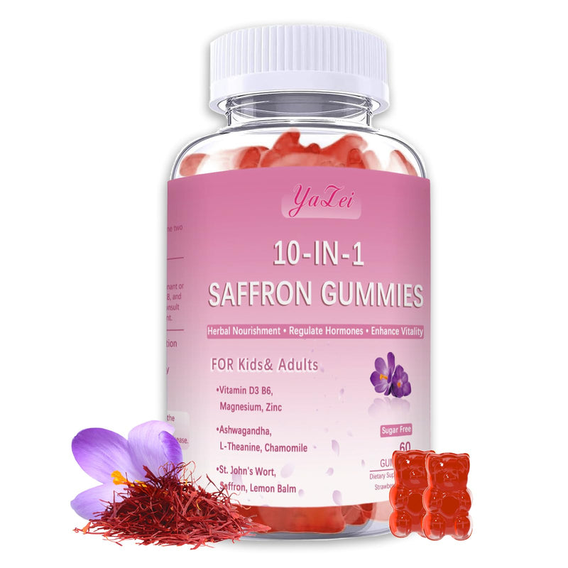 Saffron Supplements Gummies for Kids & Adults,Sugar Free, | with Ashwagandha,L-Theanine,Chamomile,St. John's Wort,Lemon Balm,Vitamin D3 B6, Magnesium for Zzz, Mood, Focus & Vision