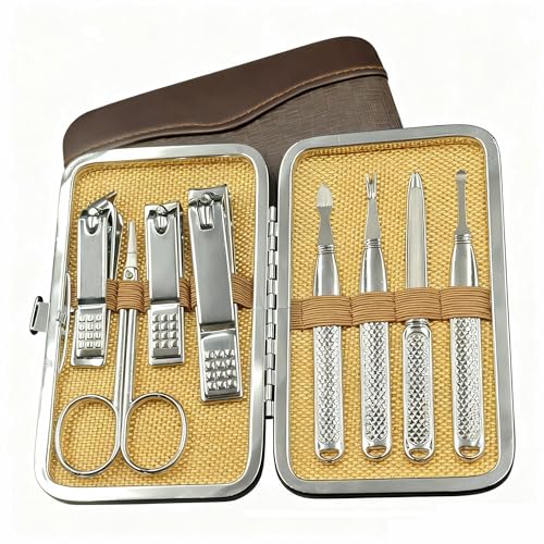 Manicure Set for Men and Women Professional Nail Clippers Kit with Travel Case Stainless Steel Pedicure Grooming Tools Accessories Nail Care Tools with Leather Case,Mothers Day Brown-8pcs