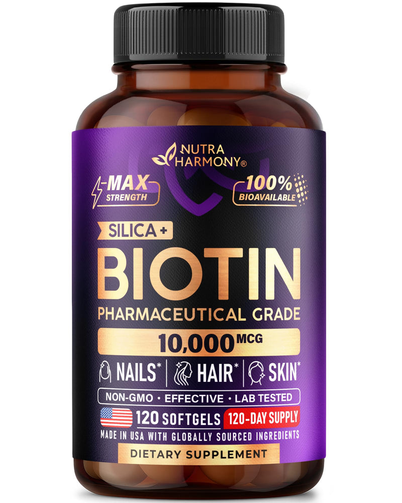 Biotin 10000mcg + Silicon - Pharmaceutical Grade Biotin - 120 Softgels | Biotin Supplement for Hair Growth Support, Skin & Nails for Women - Max Strength & 100% Bioavailability - 120-Day Supply