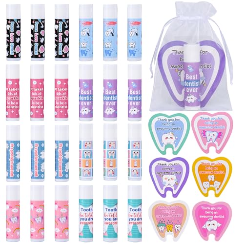 24 Pcs Dentist Gifts Include Lip Balm Thank You Tag Organza Bag Dental Gift for Dental Hygienist Dental Assistant Nurse Suitable Birthday Christmas Thanksgiving Gifts 24