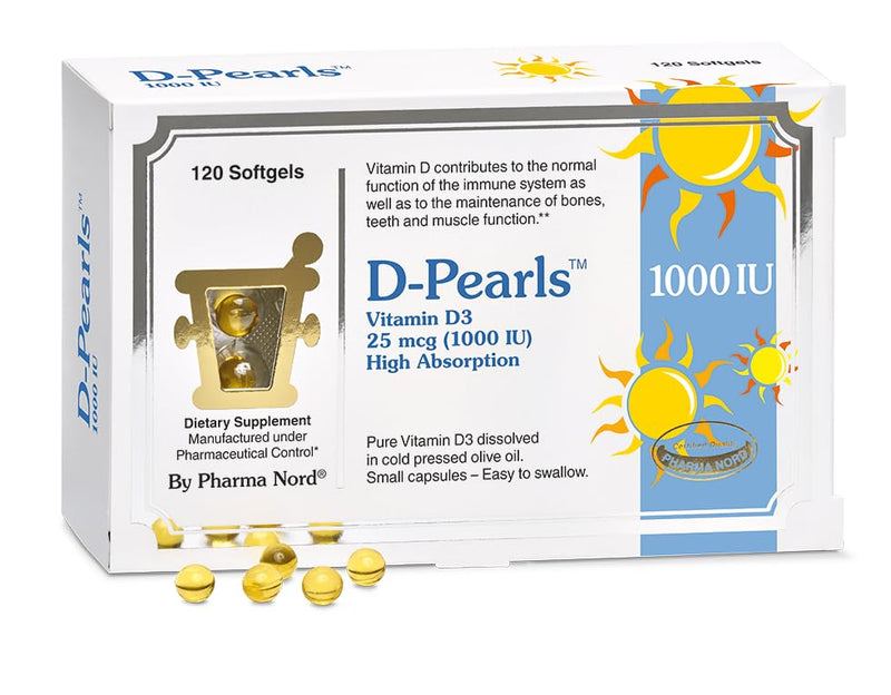 Pharma Nord D-Pearls 1000 iu (25 mcg) High Absorption Vitamin D3 120 Count | Daily Immune, Bone, & Muscle Support, Easy-to-Swallow Tiny Softgels in Organic Olive Oil, Non-GMO, Gluten-Free