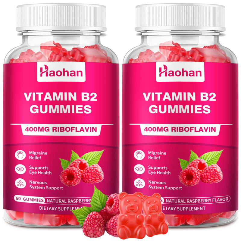 Haohan Vitamin B2 400mg with Magnesium Gummies for Migraine and Nervous System Support in Sugar-Free Vegan Raspberry Flavor, 120 Count for Adults and Kids