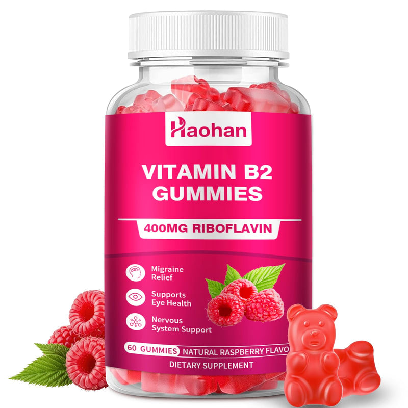 Haohan Vitamin B2 400mg with Magnesium Gummies for Migraine and Nervous System Support in Sugar-Free Vegan Raspberry Flavor, 60 Count for Adults and Kids