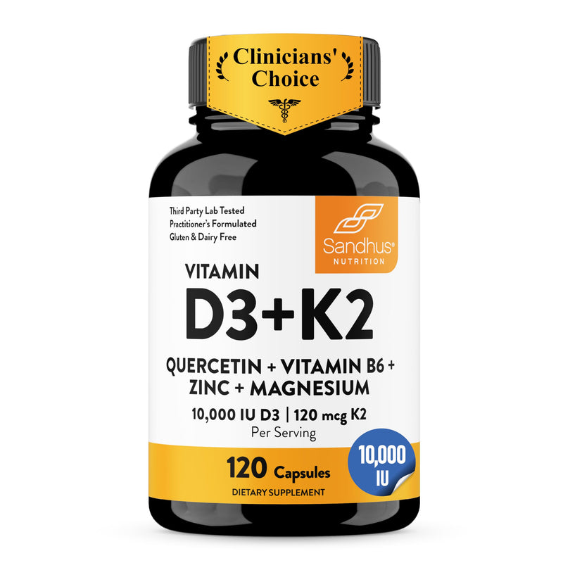 Vitamin D3 K2 10000 IU 120mcg Magnesium Zinc B6 Quercetin Capsules 120 Ct | 6-in-1 D3+K2 Supplements Supports Bone, Immune, Energy And Muscle Health, Gluten-Free, 4-Month Supply, USA Made by Sandhu's 120 Count (Pack of 1) 10000 IU Capsules