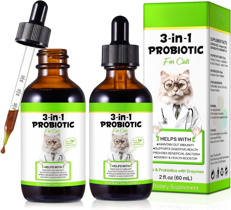 Cat Probiotic, Probiotics for Cats with Prebiotic and Enzymes, 3 in 1 Liquid Probiotic Drops for Cats, Cat Probiotics Supplement Help Digestive Support Gut Health 2 Pack