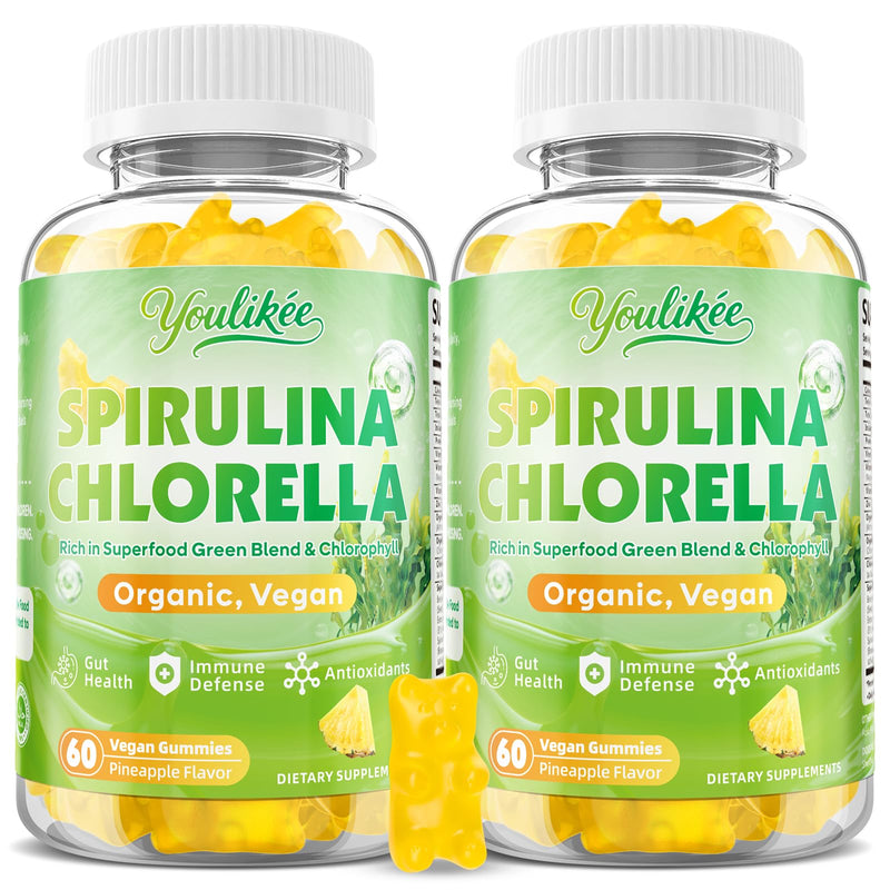 2 Pack Spirulina Chlorella Gummies, Supports Daily Energy & Immune System | Super Greens Blend with Protein, Chlorophyll, Vitamin C, D3, B12, Zinc, Pineapple Flavor, 120 Count 60 Count (Pack of 2)