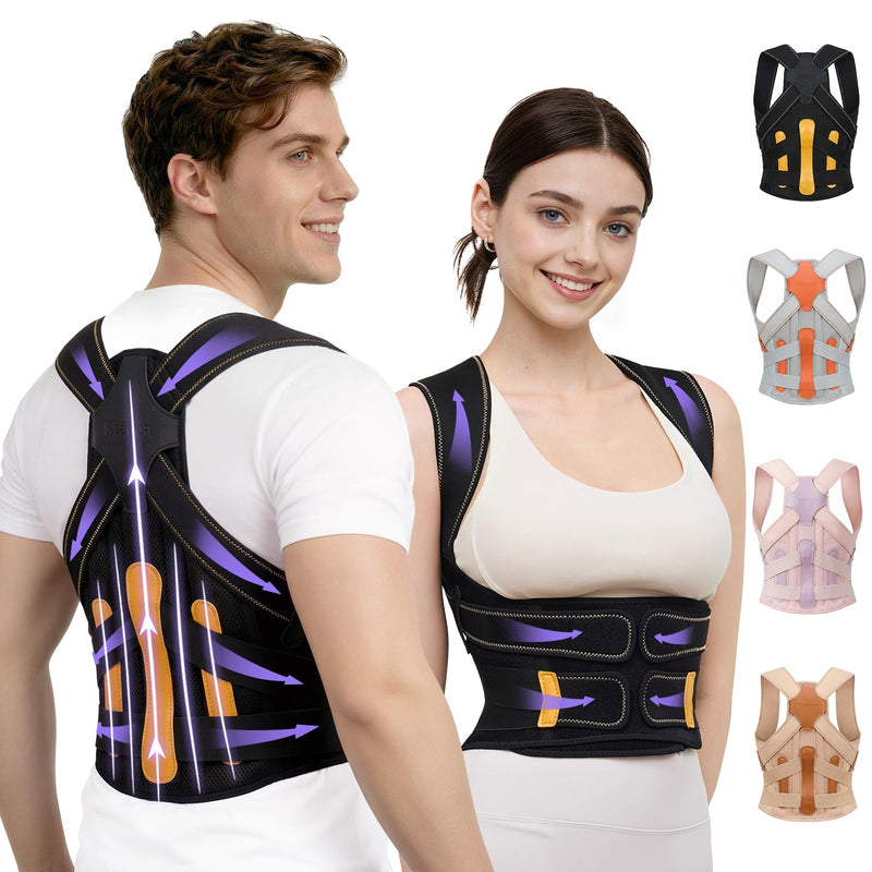 Posture Corrector for Women and Men, 5 Full Back Support Brace Rods, FSA&HSA Eligible, Adjustable Shoulder Straightener, Improving Hunchback Posture, Upper and Lower Back, Neck Pain Relief, Large Black Yellow - BeesActive Australia