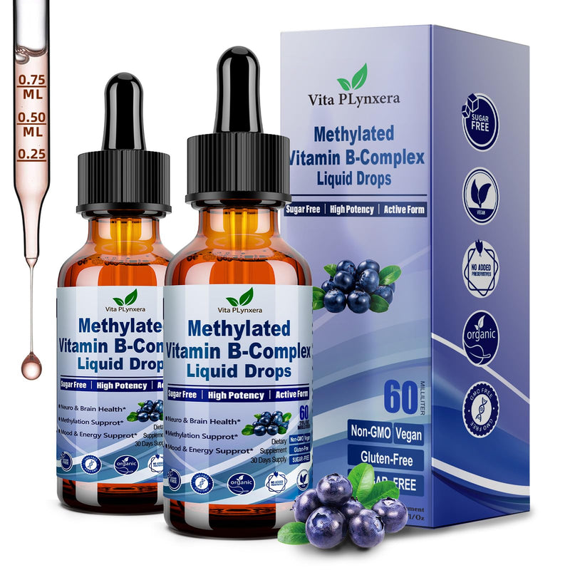 2 Pack Methylated B Complex Liquid Drops Complete 9-in-1 Methyl B Vitamins w. B12 Methylfolate Inositol Choline TMG Vitamin C E, Super B-Complex Methylated for MTHFR Support, Energy Mood Nerve Health1