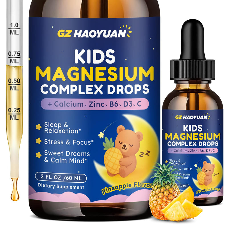 Magnesium Complex Liquid for Kids - Magnesium Glycinate, Malate, Taurate, Citrate with Calcium, Omega-3, L-theanine, Zinc,Vitamin B6 D3 C for Sleep, Relaxation, Calm & Focus, Pineapple Flavor, 2 Fl Oz 2 Fl Oz (Pack of 1)