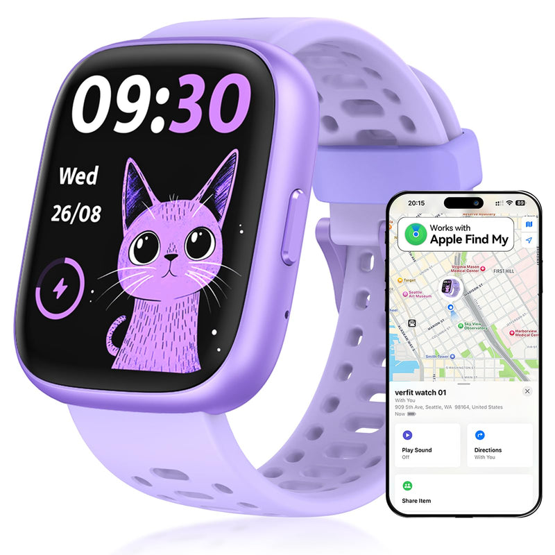 Fitness Tracker for Kids No APP No Phone Needed, Compatible with Apple Find My, 1.83" Smart Watch, Heart Rate, Sleep Monitor, IP68 Waterproof, Step Counter, Gifts for Girls Boys Teens 5-16 Lilac