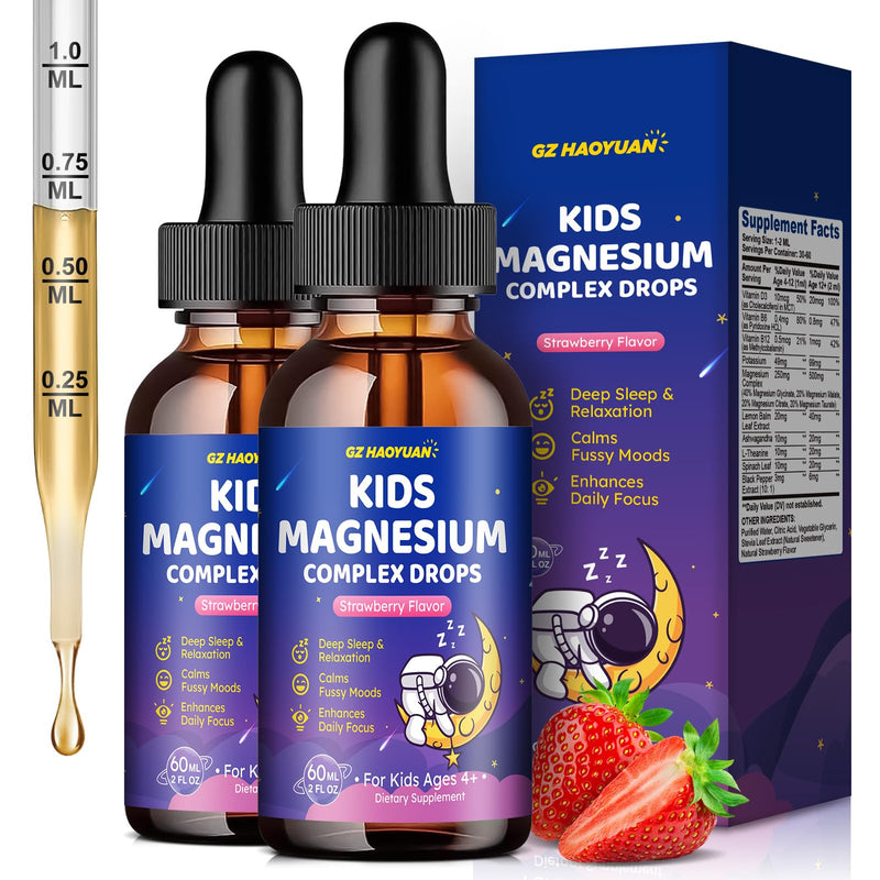 Magnesium Complex Liquid for Kids, Magnesium Glycinate, Malate, Taurate, Citrate with L-Theanine, Vitamin B6, B12, D3 Kids Liquid Drops for Sleep, Relaxation, Calm, Focus - 4 Fl Oz, Strawberry Flavor 4 Fl Oz (Pack of 1)