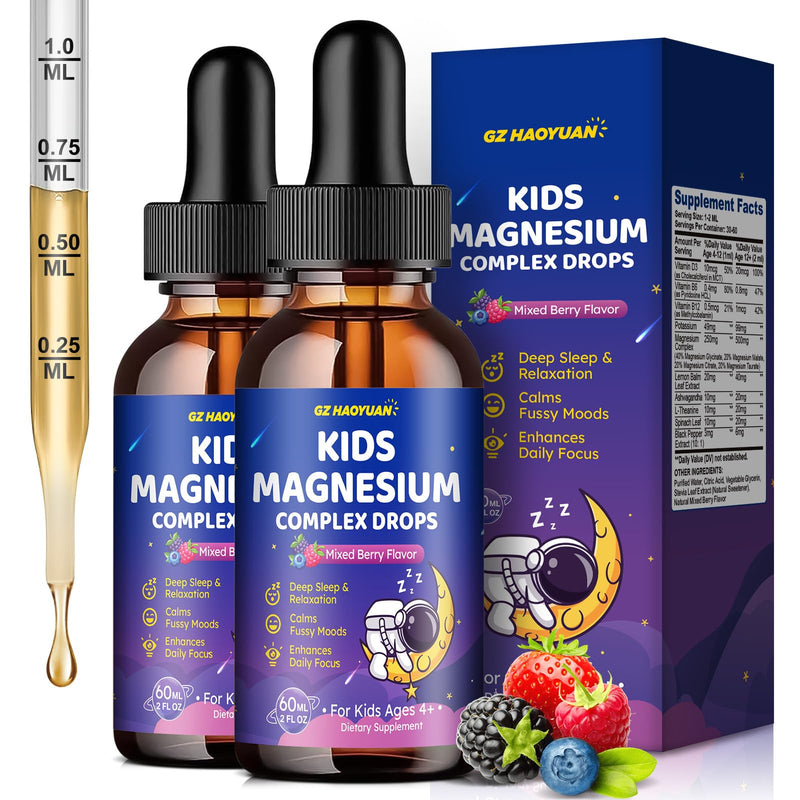 Magnesium Complex Liquid for Kids, Magnesium Glycinate, Malate, Taurate, Citrate with L-Theanine, Vitamin B6, B12, D3 Kids Liquid Drops for Sleep, Relaxation, Calm, Focus - 4 Fl Oz, Mixed Berry Flavor 4 Fl Oz (Pack of 1)