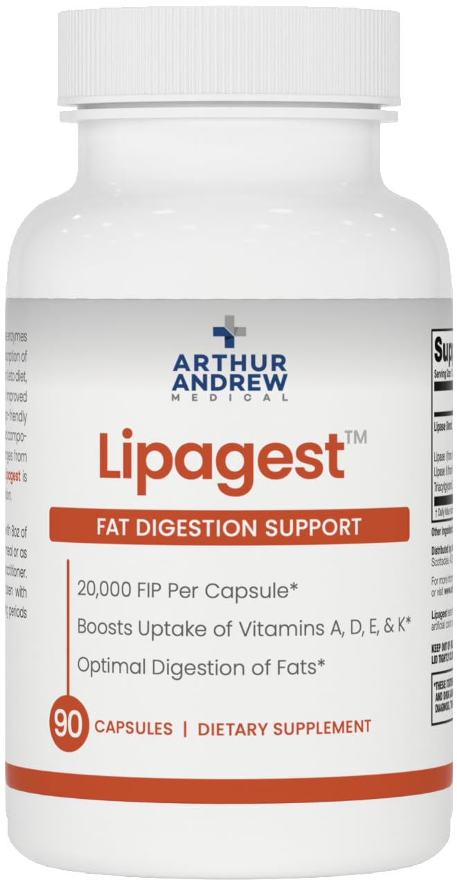 Arthur Andrew Medical, Lipagest, Lipase Enzyme, 20,000 FIP | Highly Potent Lipase Enzyme 20,000 FIP. Optimal Digestion of Fats - No Gallblader & Keto Support 90 Count (Pack of 1)