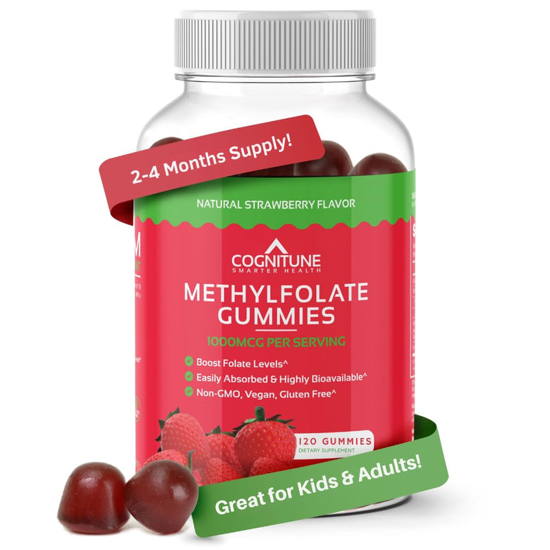CogniTune L-Methylfolate 1000mcg Gummies, 5-MTHF Folate for Brain, 120 Ct | Strawberry chewable Vitamin B9 for kids and adults. Ideal daily MTHFR support for focus, mood and heart vitality 120 Count (Pack of 1)