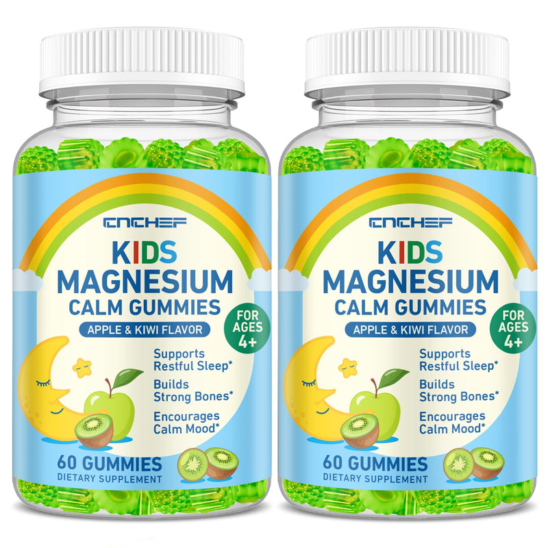 2PCS Center-Filled Magnesium Gummies for Kids 300MG - Magnesium Glycinate Gummies with L-theanine, Omega-3, Vitamin B6, D for Kids & Adults, Supplement for Sleep, Calm & Muscle Relaxation Apple & Kiwi 60 Count (Pack of 2)