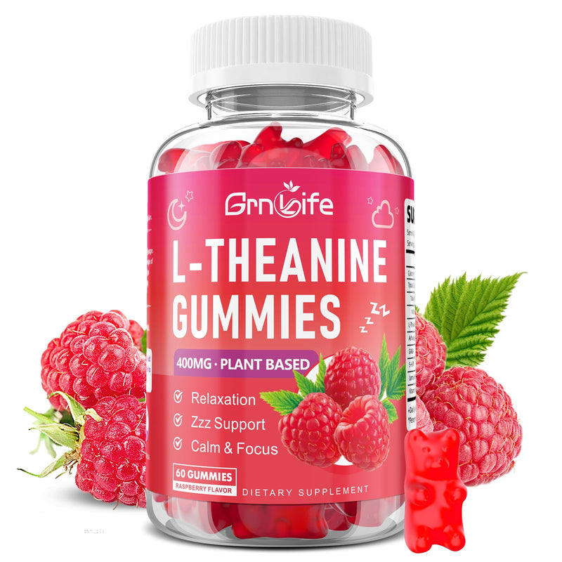 L-Theanine Gummies for Kids & Adults, L'Theanine 400mg with Ashwagandha, GABA, 5HTP, L Theanine Supplement for Calm, Zzz & Relaxation Support, Raspberry Flavor, 60 Counts 60 Count (Pack of 1)