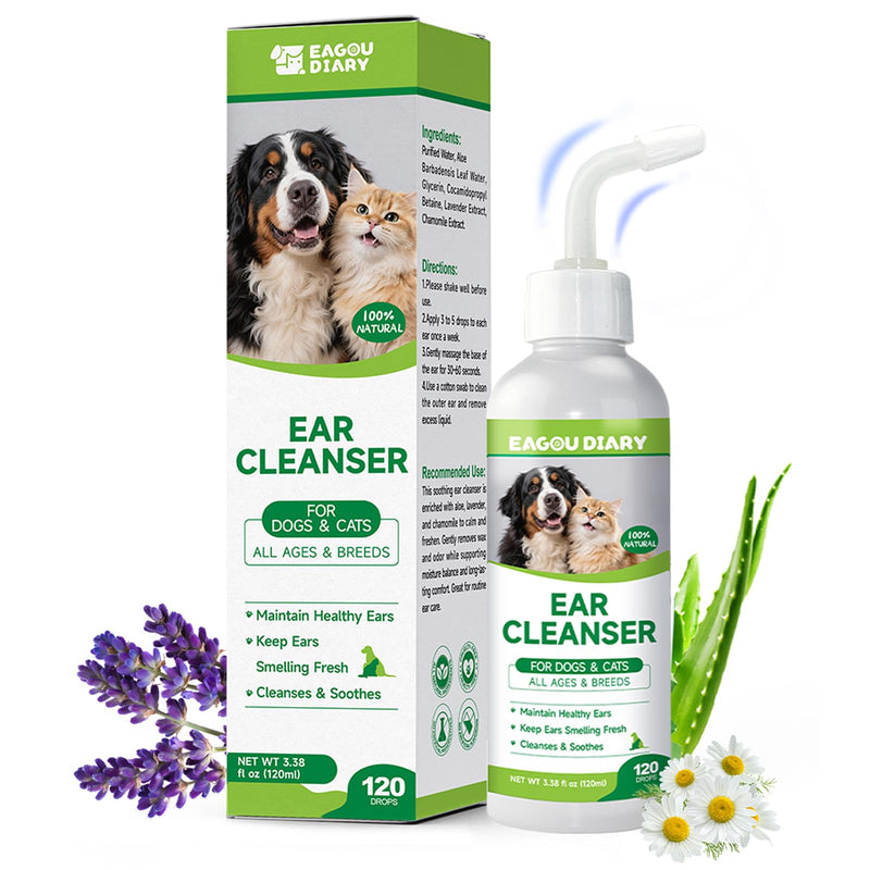 Eagou Diary Dog Ear Cleaner Solution - Cat Dog Ear Infection Treatment, Removes Debris, Wax, Odor, Itch Relief - Pet Ear Wash, Flush and Care with Aloe, Lavender, Chamomile, Ear Drops for Dogs Cats
