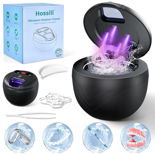 Ultrasonic Retainer Cleaner, 45kHz Retainer Cleaner Machine for Denture Cleaning Pod for Mouth Guards|Aligners|Braces|Toothbrush Heads|Jewelry, 200ML Dental Cleaning Pod with 4 Modes & Digital Timer Black Upgraded Version
