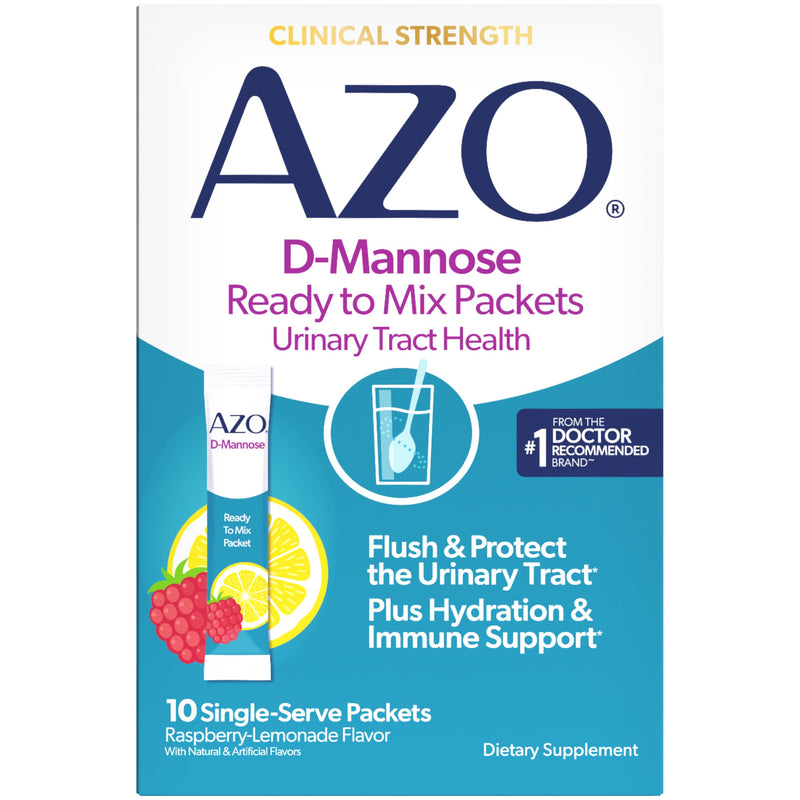 AZO D-Mannose Urinary Health Ready to Mix Packets, Raspberry Lemonade 10 Ct | 2,000 mg D-Mannose Per Serving, Vitamins C&D for Immune Support, Electrolytes for Hydration*, No Artificial Dyes, Soy-Free Refreshing
