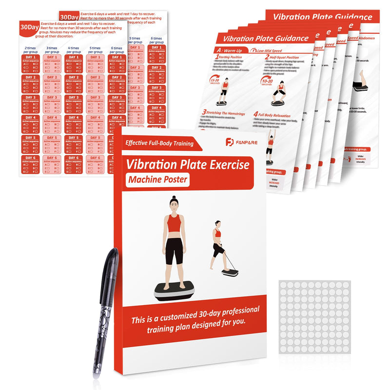 Vibration Plate Exercise Machine Workout Chart Posters - 6 Laminated Wall Fitness Guide & 2 Reusable Planner & 1 Erasable Pen, Suitable for Home Gym Whole Body Training