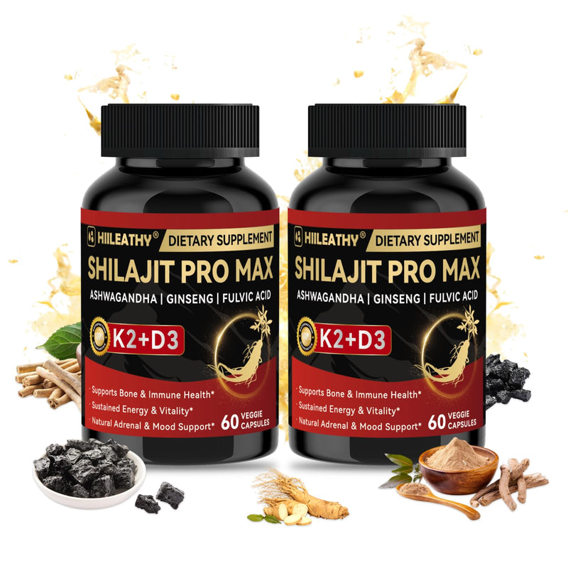 2 Pack Shilajit for Men Women, Shilajit w/Vitamin D3 K2, Shilajits for Men w/Fulvic Acid Ashwagandha, Shilajits for Extra Power Stamina Immune Support, Non-GMO Made in US 60 Capsules 2