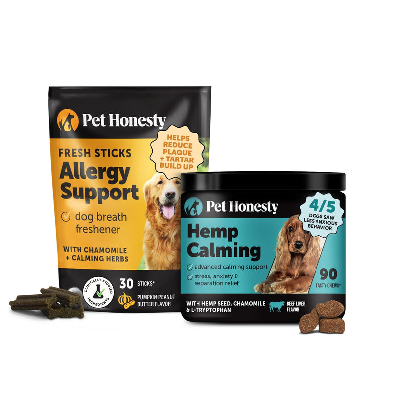 Virtual Bundle Allergy Support Fresh Dental Sticks - Immune Dental Treats (30 ct) + Hemp Calming Chews for Dogs - Dog Anxiety Relief (Beef Liver, 90ct)