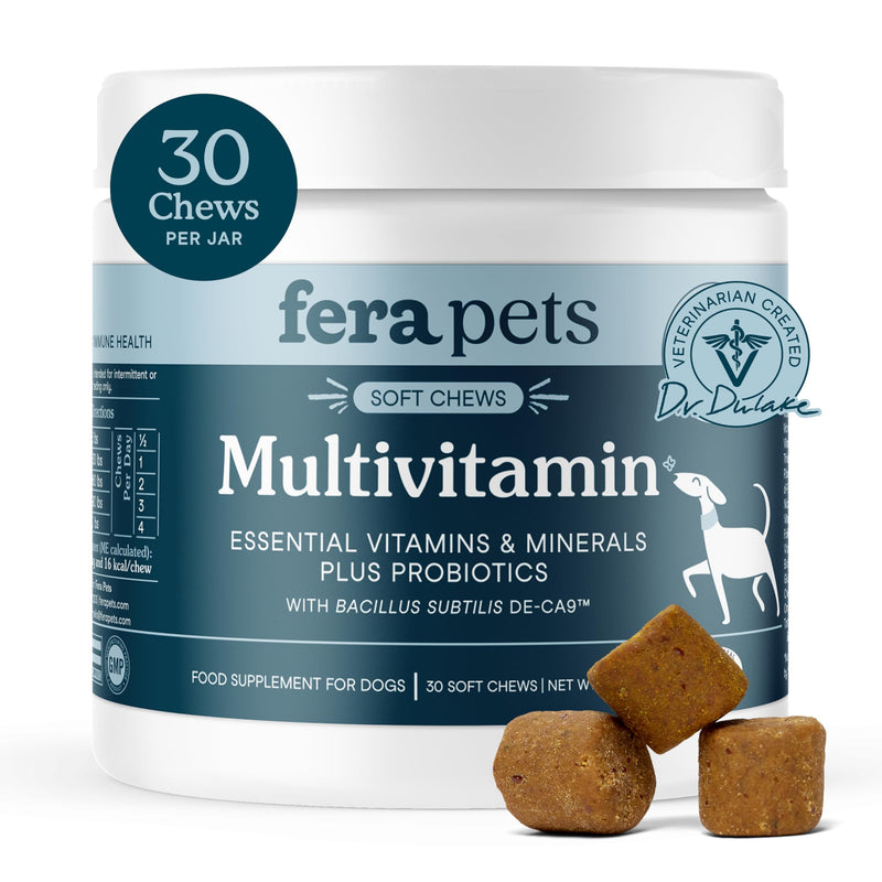 Fera Pets Dog Multivitamin Chews with Glucosamine and Probiotics - Essential Dog Vitamins & Minerals - Promotes Healthy Digestion & Joints - Boosts Skin & Coat Health with Omega-3s - 30 Soft Chews 30 Chews