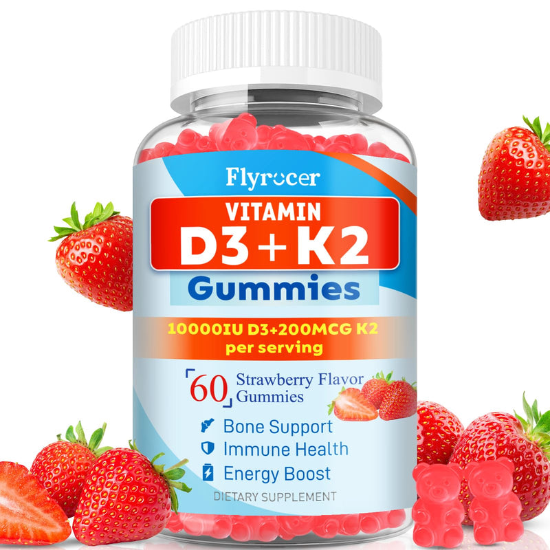 Sugar Free Vitamin D3 K2 Supplement Gummies for Women & Men | Vitamin D Gummies with 7 Essential Vitamins - Supports Bone, Muscle, Teeth & Immune - Vegan, Strawberry Flavor, 60 Count 60 Count (Pack of 1)
