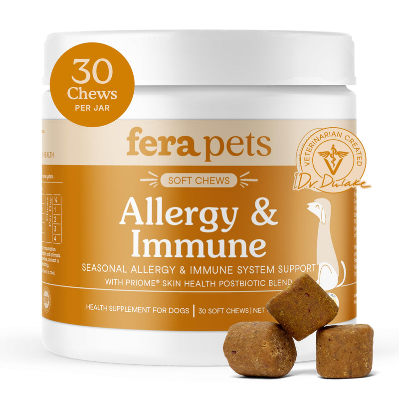 Fera Pets Dog Allergy and Immune Support with Organic Mushrooms, Postbiotics & Colostrum - Promotes Skin & Gut Health - Soothes Seasonal Allergy Symptoms - 30 Soft Chews 30 Chews