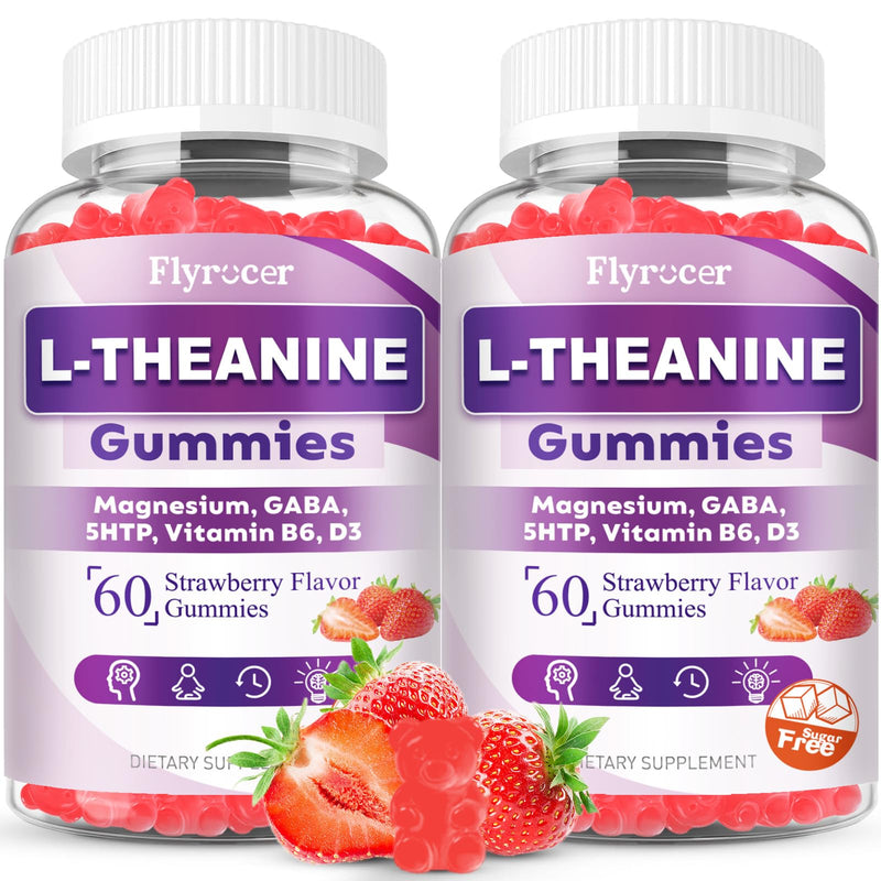 2 Pack L-Theanine Gummies, L Theanine Supplement for Adults & Kids, L'Theanine with Ashwagandha, Magnesium, 5HTP & GABA - Support Calm, Relax, zzZ, Focus, Vegan Strawberry Flavor, 120 Count 60 Count (Pack of 2)