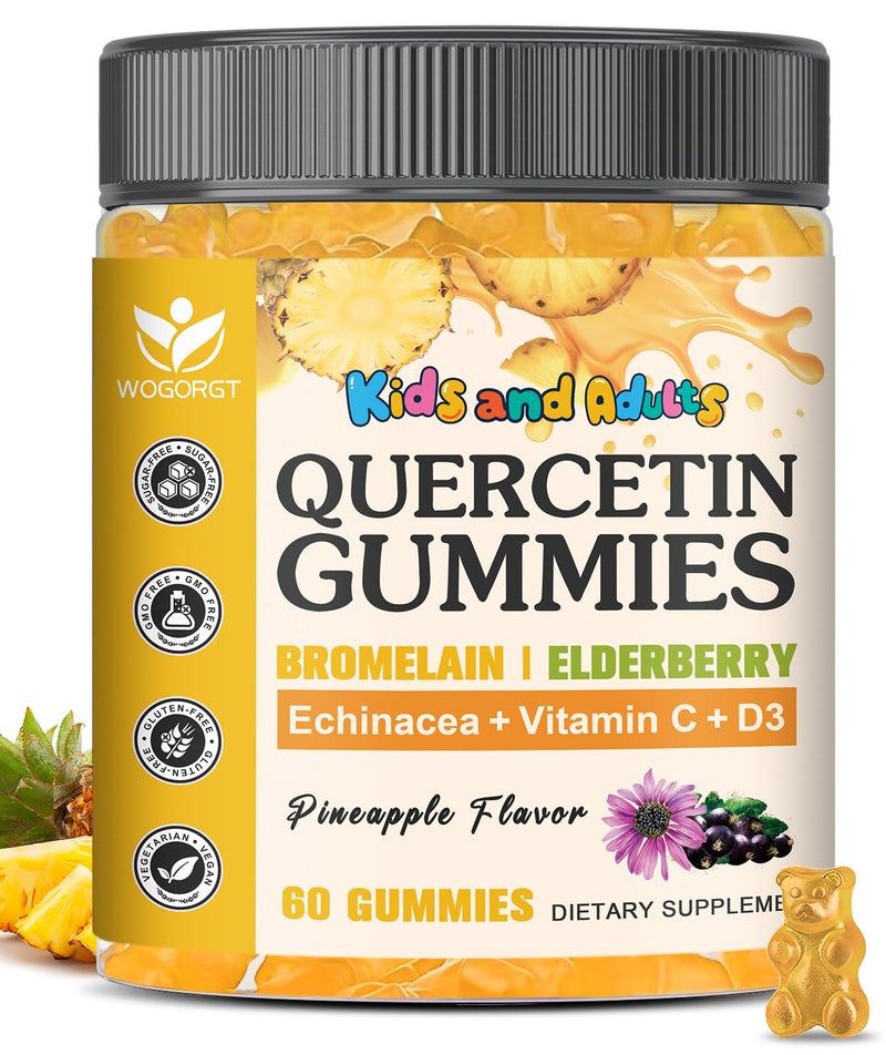 800mg Quercetin with Bromelain Gummies for Kids & Adults, Sugar Free, 60 Ct | WOGORGT - Quercetin Gummies with Bromelain, Zinc, Elderberry & D3, Immune, Seasonal Wellness Support, Vegan, Pineapple Flavor 60 Count (Pack of 1)