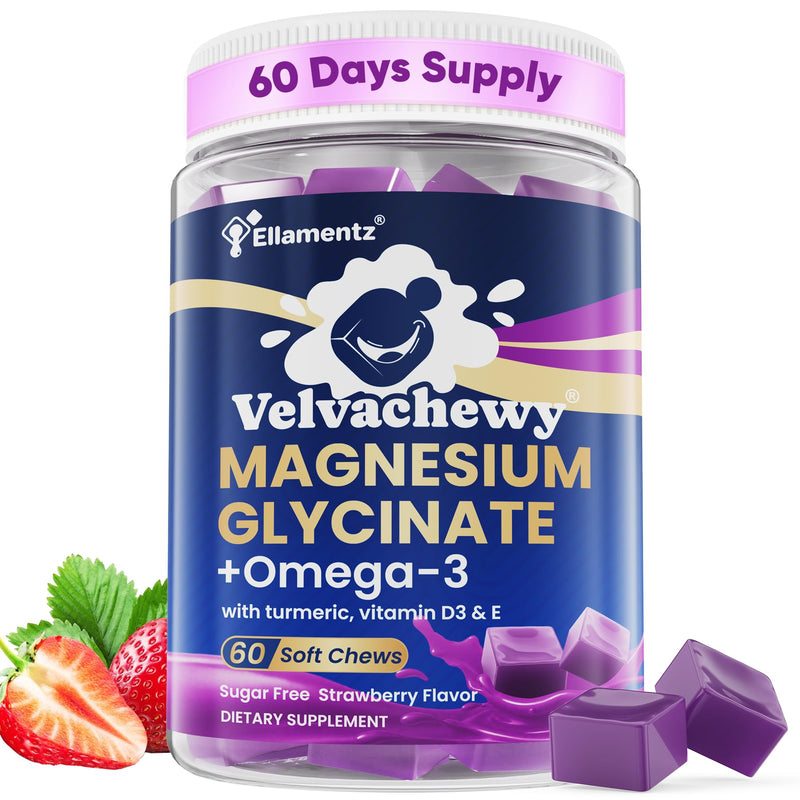 Magnesium Glycinate Gummies 500mg - Magnesium Soft Chews for Adults | Magnesium with Omega-3, Turmeric, Vitamin D3 & E | for Sleep, Muscle & Brain | Pack of 1, 60 Counts ﻿