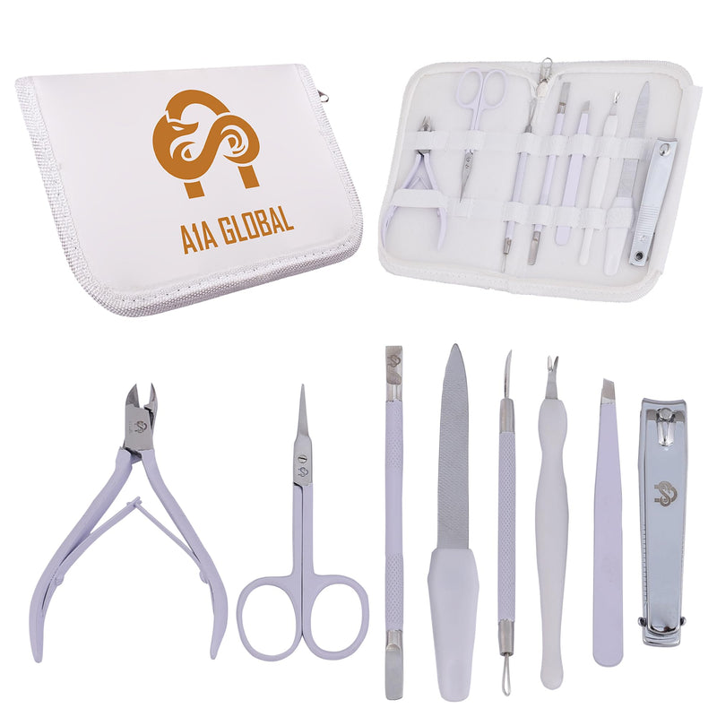 Professional Manicure Pedicure Set Nail Clippers Kit with Cuticle Trimmer Nail File Scissors & Grooming Tools in Portable Leather Travel Case for Men & Women White