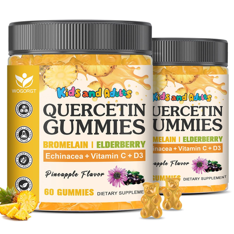 2Pack Quercetin with Bromelain Gummies for Kids & Adults, Sugar Free, 60 Ct | WOGORGT - 800mg Quercetin Gummies with Bromelain, Zinc, Elderberry & D3, Seasonal Wellness Support, Vegan, Pineapple Flavor 60 Count (Pack of 2)