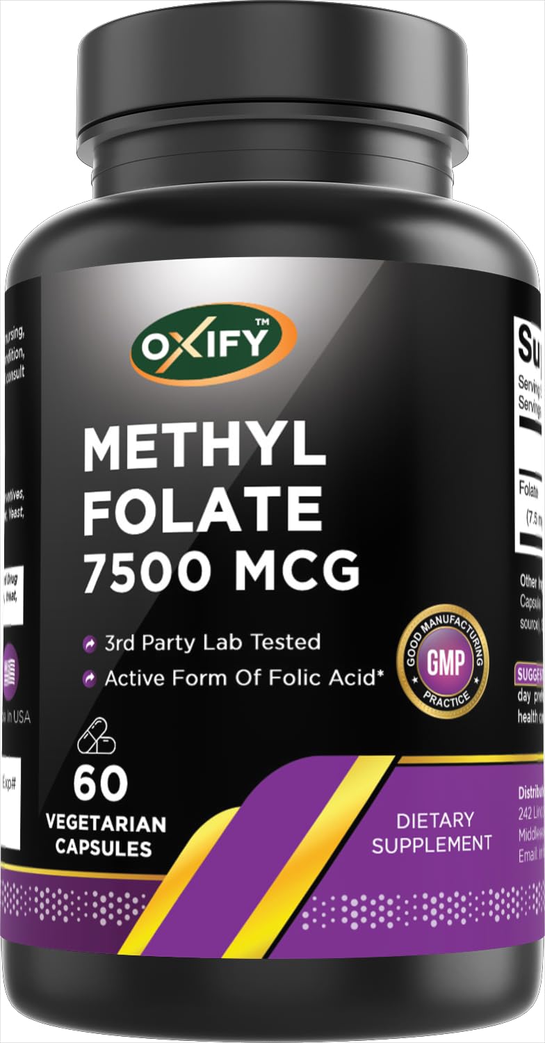 Oxify Methyl Folate 7500 mcg | 60 Capsules | Gluten-Free, Non-GMO | Supplement Made in USA