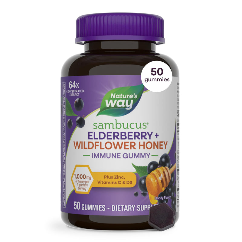 Nature's Way Sambucus Elderberry + Wildflower Honey Immune Gummy, 50 ct | Daily Immune Support Gummies with Vitamins C & D3, Zinc for Adults and Kids Ages 4+*, 50 Vegetarian Gummies