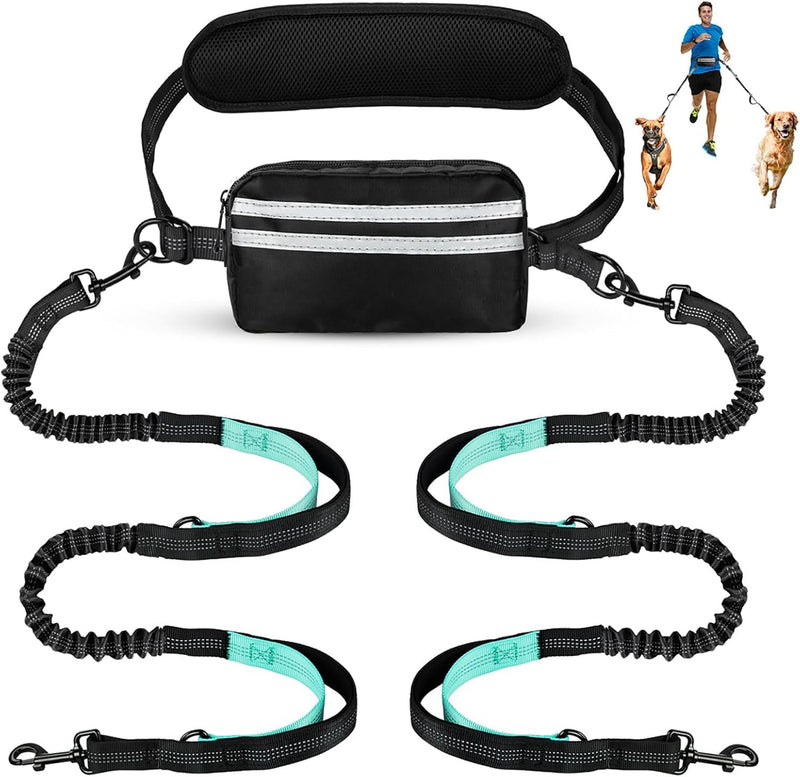 Hands Free Dog Leash with Pouch, Retractable Bungee, Double Padded Handles for Walking, Waist Leash for Medium & Large Dogs, Walking Accessories (Black Mint Green, 2 Leashes) Black mint green
