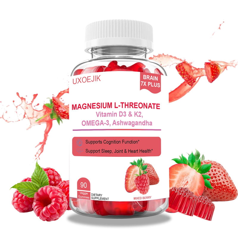 Magnesium L-Threonate Gummies, Natural Berry Flavor, 90 Count, 90 Servings | Magnesium Threonate Gummies with Vitamin D, K2 & Omega-3 Fish Oil - Brain Health, Memory and Sleep Support, Non-GMO 90 Count (Pack of 1)