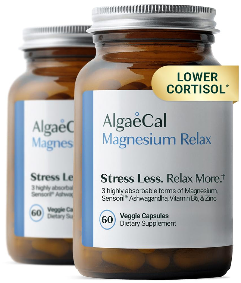AlgaeCal Magnesium Relax for Sleep, Stress, & Cortisol, 60 Caps, 2 Packs | Chelated Magnesium Glycinate (350mg) with Sensoril® ashwagandha for sleep, stress, calm and cortisol support. Easy to swallow 60 Count (Pack of 2)