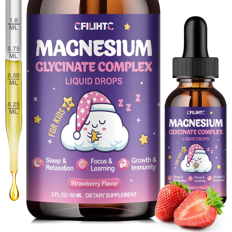 Magnesium Glycinate Liquid for Kids - Magnesium Bisglycinate Drops with L-Theanine, Chamomile & Vitamin B6, B12, C, D3 for Sleep, Relaxation, Immune Support, Calm & Focus - 2 Fl Oz, Strawberry Flavor 2 Fl Oz (Pack of 1)